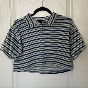 Navy, White & Green Striped Cropped Polo Shirt